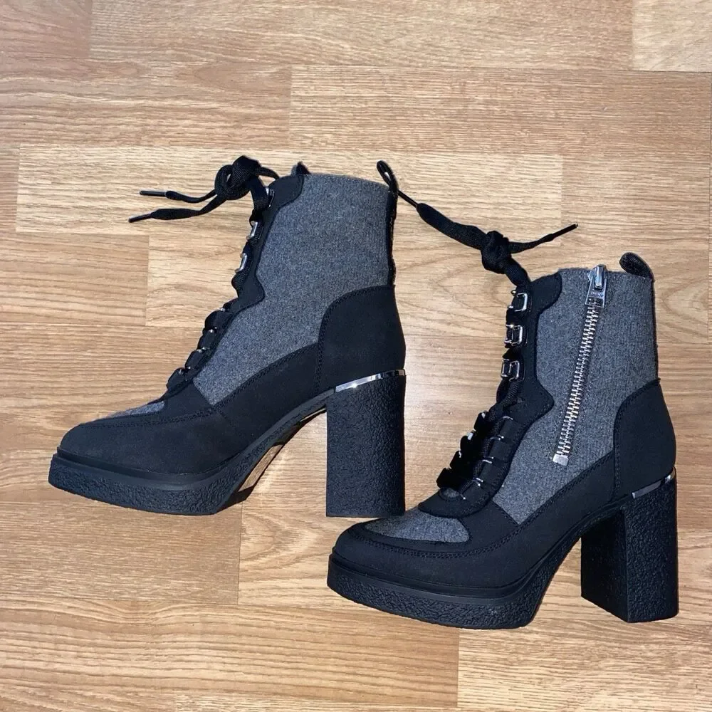 DKNY Womens Toia Lace-Up Zip Block heel platform Booties Grey Black Size 9.5 M